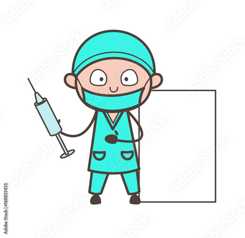 Cartoon Surgeon Holding a Syringe with Blank Banner Vector Illustration