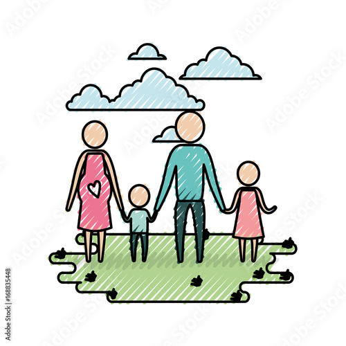 color crayon silhouette sky landscape and grass with pictogram woman pregnancy and man holding hands of children vector illustration