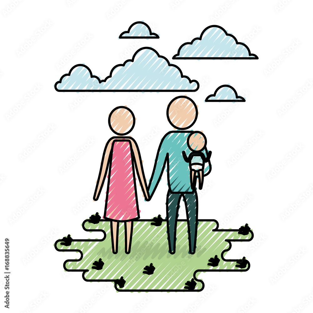 Naklejka premium color crayon silhouette sky landscape and grass with pictogram man carrying a baby and holding hand woman vector illustration