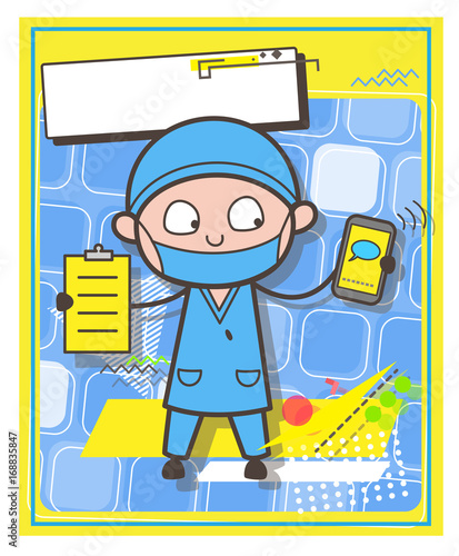 Surgeon with Cardboard and Smartphone - Mail or Contact Us Vector Concept