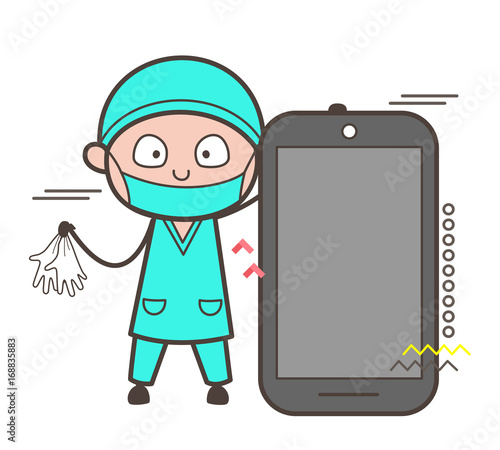 Cartoon Surgeon Holding Gloves and Presenting a Smartphone Vector