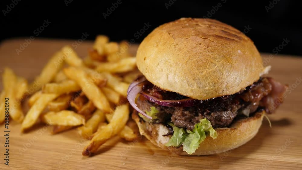 Typical American Fast Food - Burger with fries Typical American Fast Food - Burger with fries