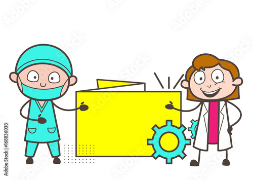 Cartoon Surgeon and Female Doctor Showing Info Banner Vector Illustration
