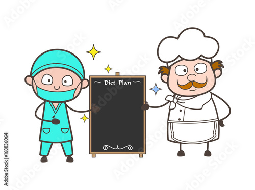 Cartoon Surgeon and Chef Presenting Diet Plan Chart Vector Illustration
