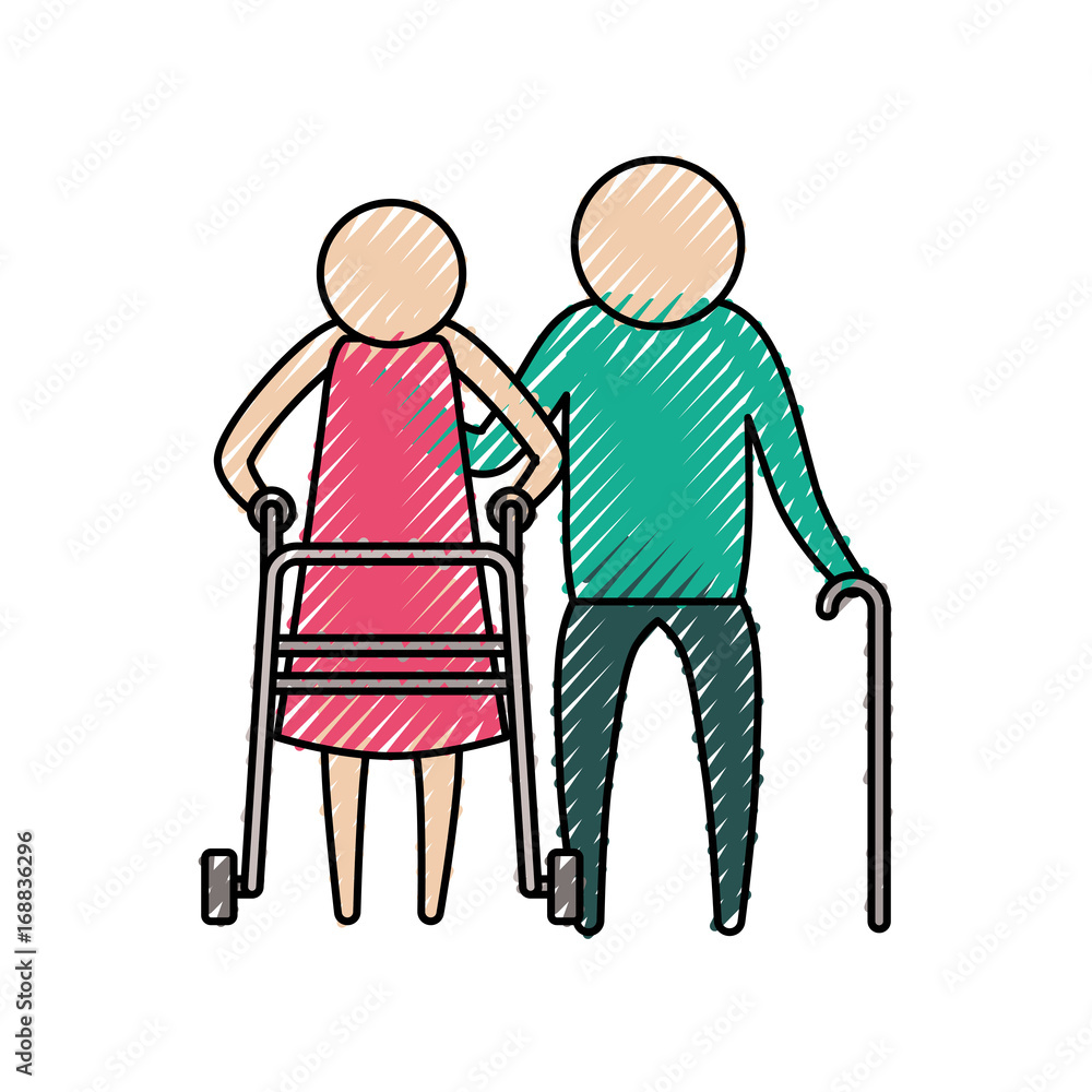 color crayon silhouette of pictogram elderly couple with walking sticks vector illustration color crayon silhouette of pictogram elderly couple with walking sticks vector illustration
