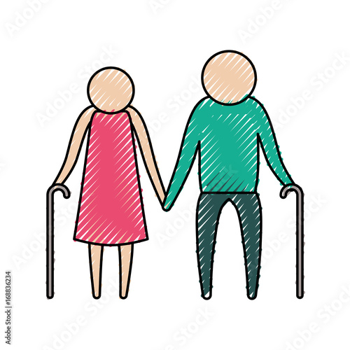 color crayon silhouette of pictogram elderly couple with walking sticks in clothes vector illustration