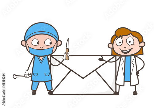 Cartoon Male and Female Doctor with Message Envelope Vector Illustration