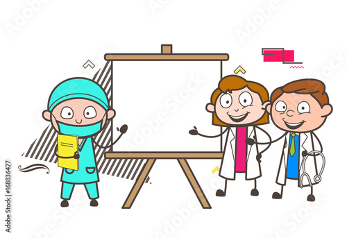 Cartoon Surgeon and Other Doctors Presenting a Blank Canvas Vector