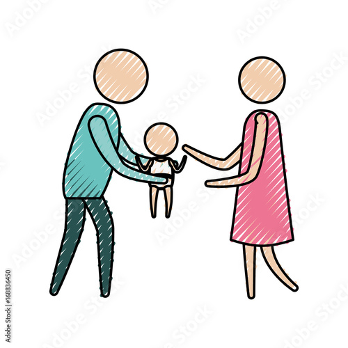 color crayon silhouette of pictogram man carrying a baby and woman in dress vector illustration