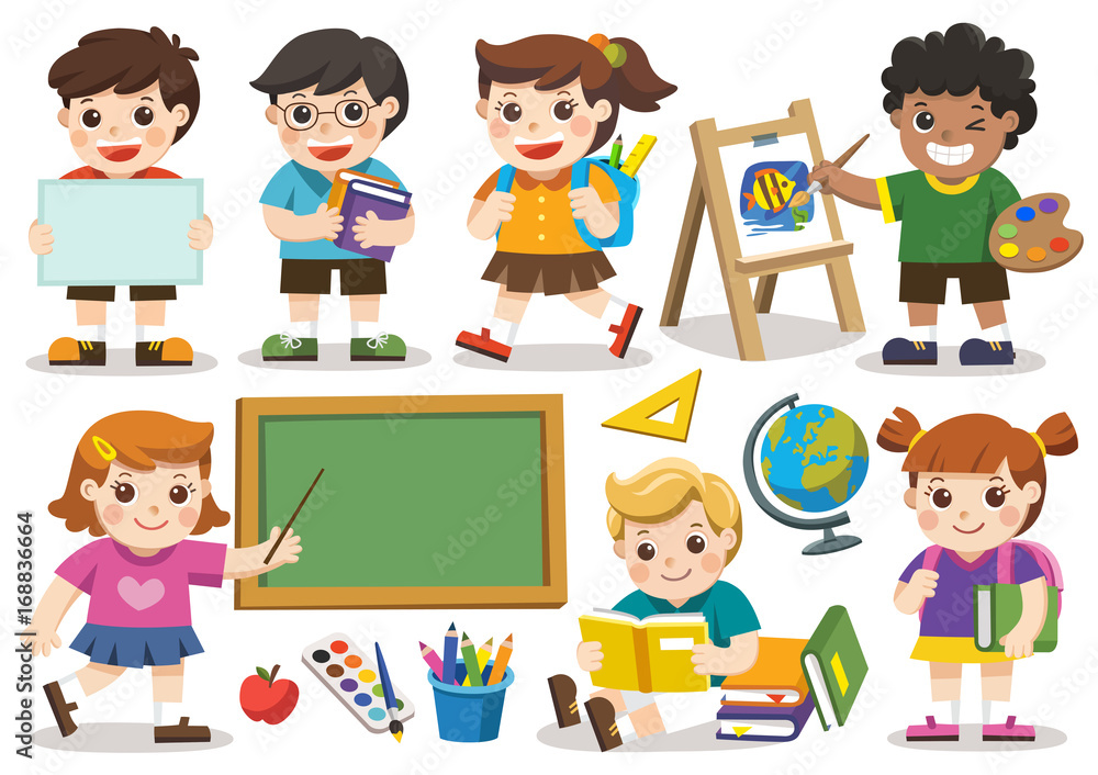 Back to school. Set of adorable student study in school. Isolated vector Back to school. Set of adorable student study in school. Isolated vector