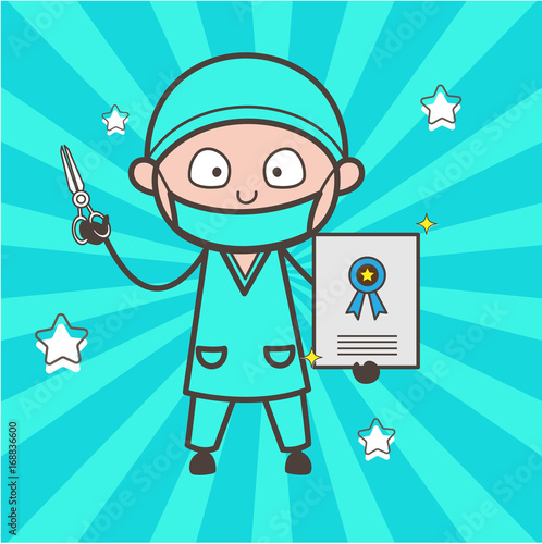 Cartoon Surgeon Doctor Showing a Reward Certificate Vector Concept