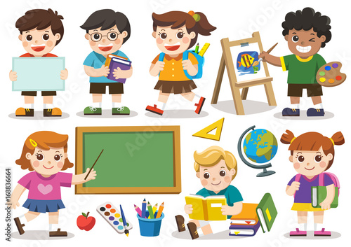 Back to school. Set of adorable student study in school. Isolated vector