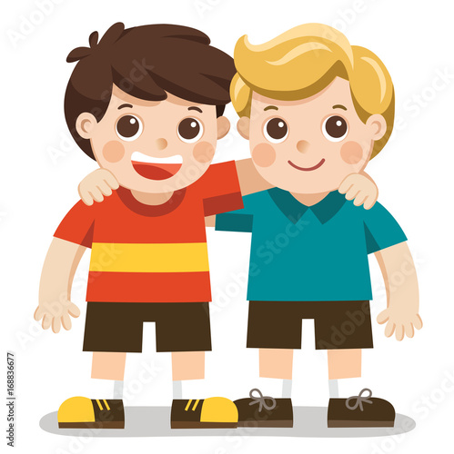 Two boys smile, hugging. Happy kids best friends.