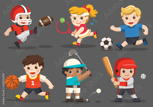 Team sports for kids including Football, Basketball, American Football, Baseball, Tennis, Golf.