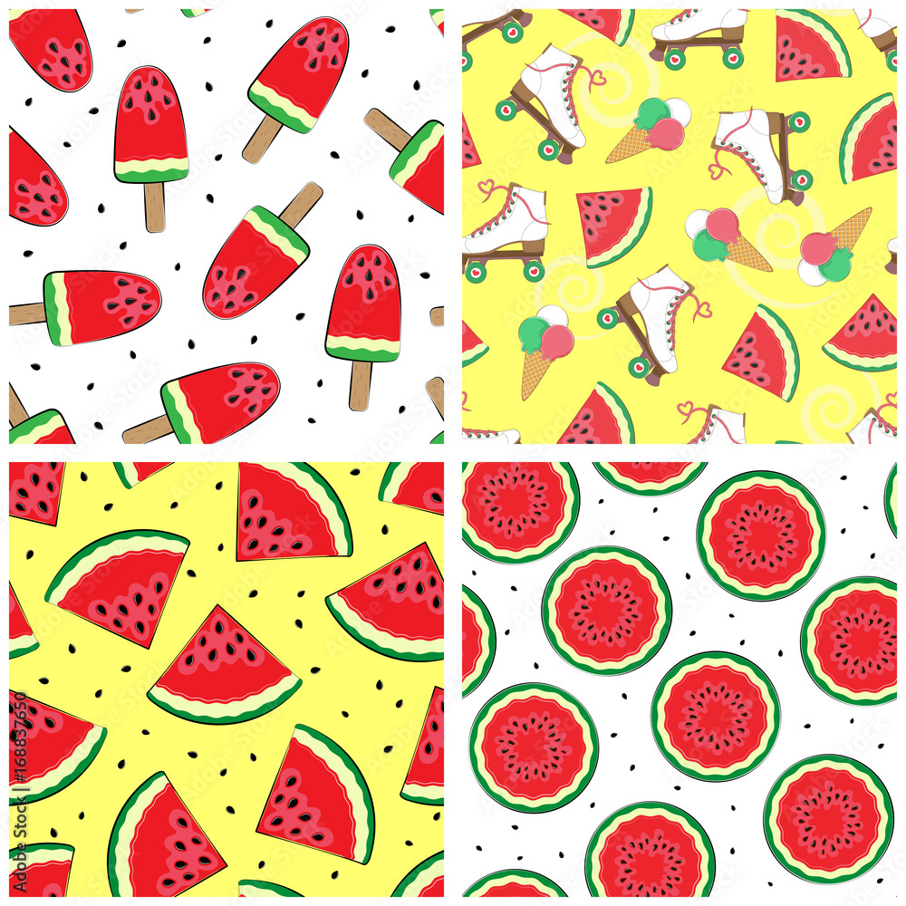 Set of seamless patterns with watermelon. Summer patterns. Vector. Vector illustration. Simple backgrounds with watermelon. Set of seamless patterns with watermelon. Summer patterns. Vector. Vector illustration. Simple backgrounds with watermelon.