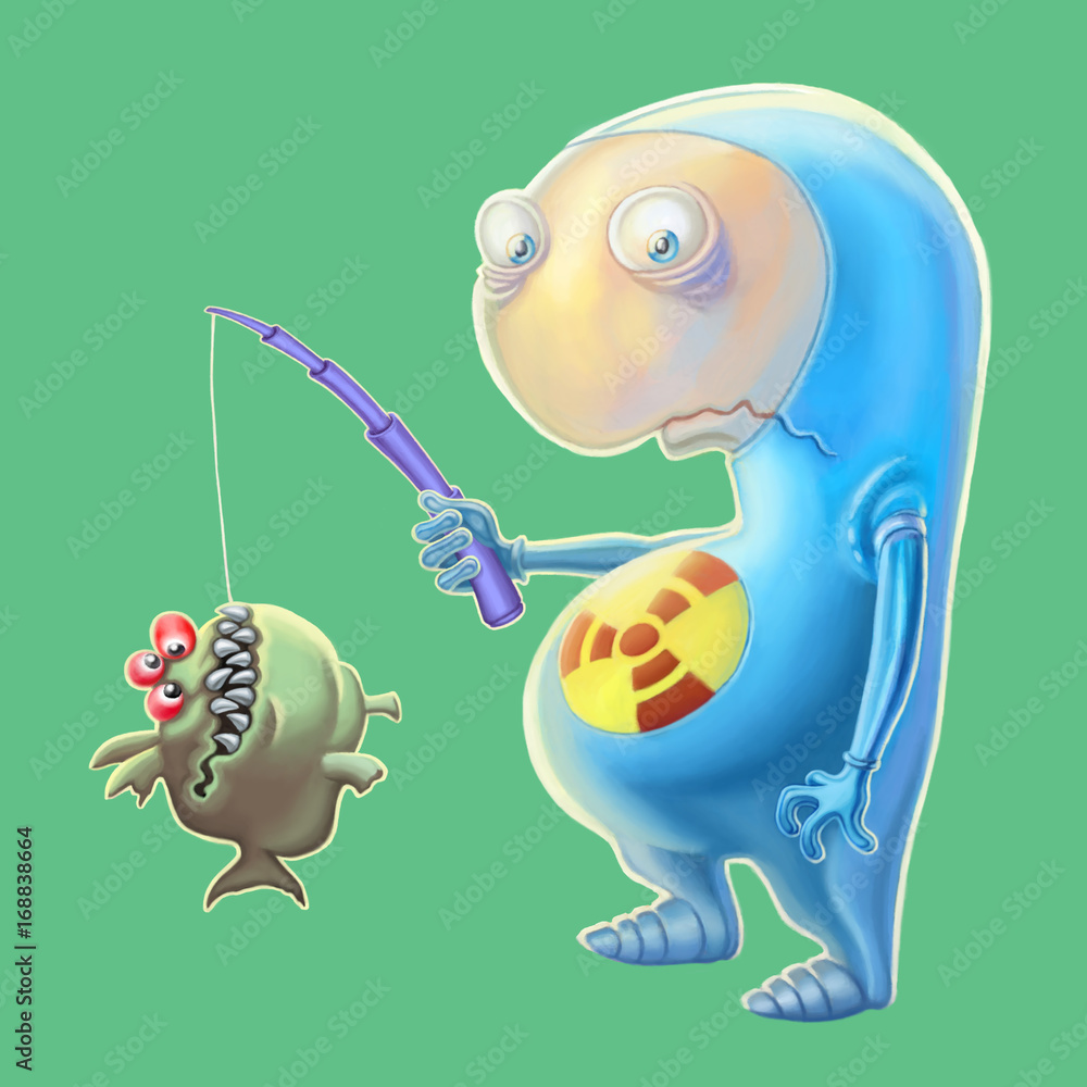 Сute alien has caught fish. Cartoon illustration. Stock Illustration |  Adobe Stock