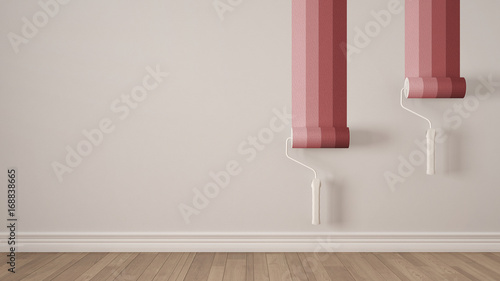 Empty room with paint rollers and painted wall  wooden floor  white and red minimalist interior design