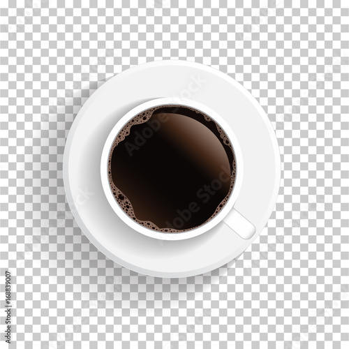 Realistyczne widok z góry białe filiżanka kawy i spodek na przezroczystym tle. Wektorowa EPS10 ilustracja.