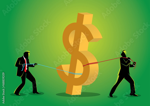 Two businessman pulling big dollar sign against each other