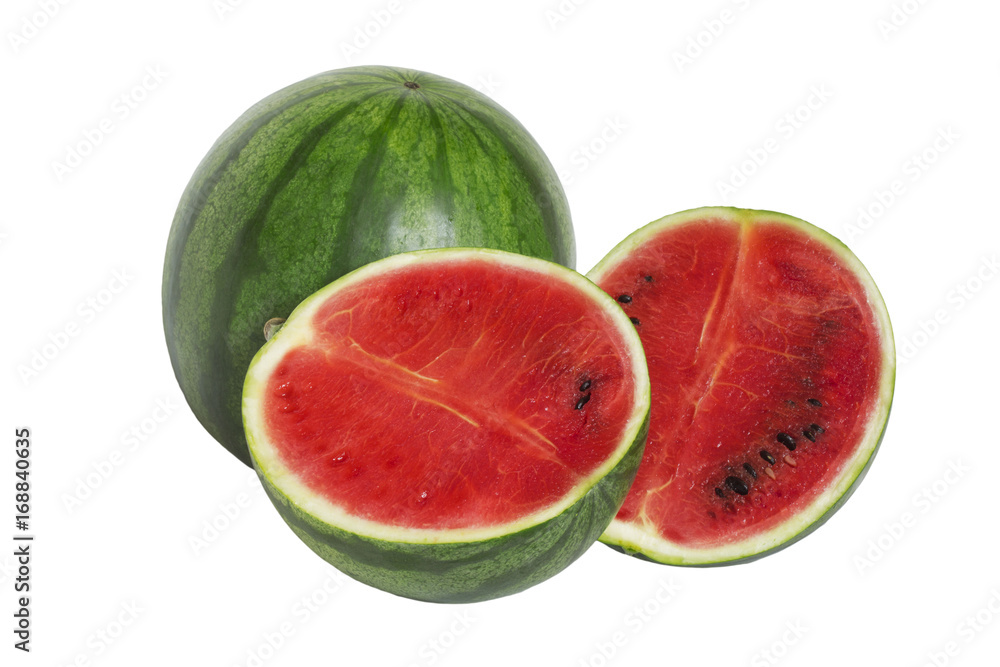 Ripe large whole watermelon with cut juicy slices Ripe large whole watermelon with cut juicy slices