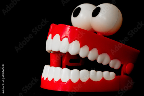 Chattering teeth toy from three quarter with open mouth