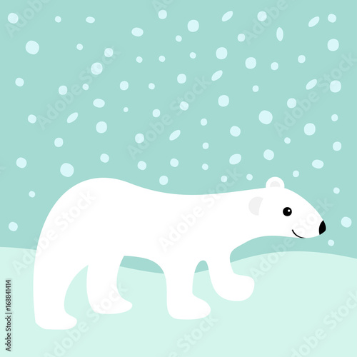 Arctic polar white bear cub. Cute cartoon baby character. Snowdrift. Flat design. Winter blue background with snow flake.