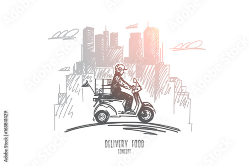 Delivery food concept. Hand drawn delivery scooter on its way to deliver food, modern buildings on background. Pizza man isolated vector illustration.