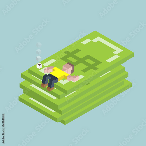 Man lie on giant dollars, isometric cubes composition. Financial success, excellent investment, savings, deposit