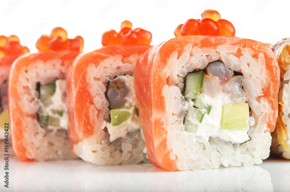 traditional japanese seafood sushi with salmon. close up on white background traditional japanese seafood sushi with salmon. close up on white background