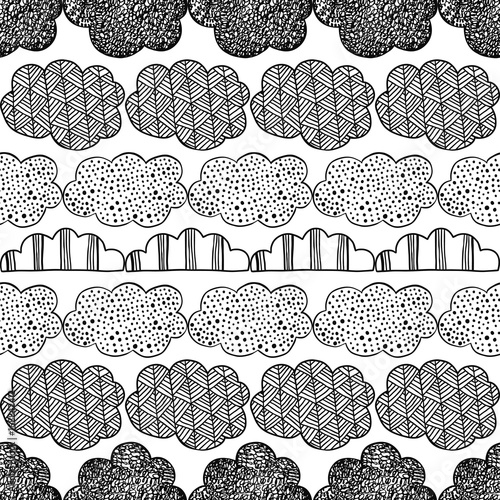 Decorative clouds. Black and white illustration, seamless pattern for coloring book, pages. Vector