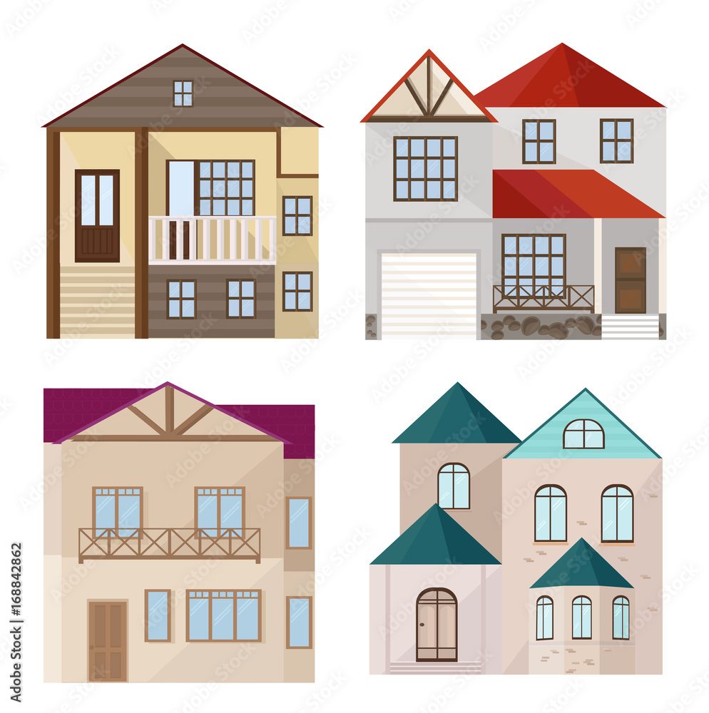 Set collection of colorful architecture facade houses buildings vector