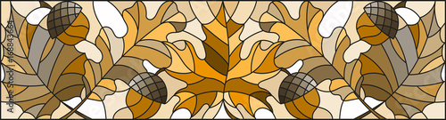 Illustration in stained glass style on the theme of autumn, leaves, oak, maple , aspen and acorns  ,horizontal orientation, brown tone,sepia