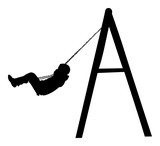 Happy boy swinging on swing, vector silhouette isolated on white background. 
