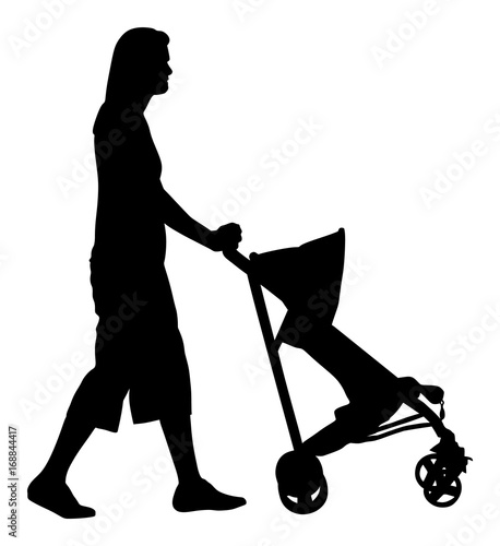 Woman with baby and pram silhouette isolated on white background, vector of baby carriage. Young mother with little child. Mom with kid outdoor.