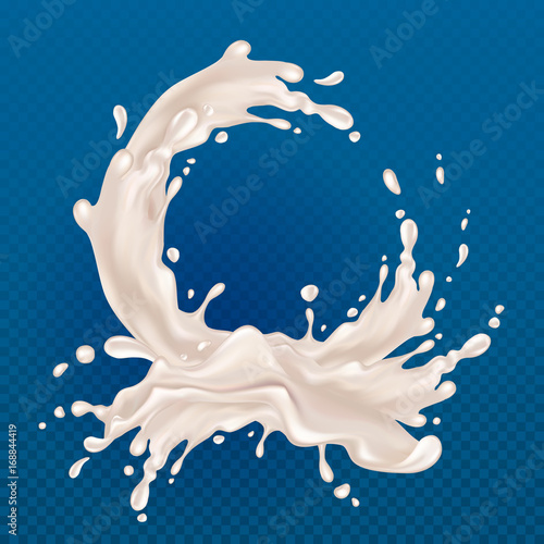 Milk splash. Realistic white drops with splashes isolated on transparent blue background. Natural dairy products. Vector illustration 