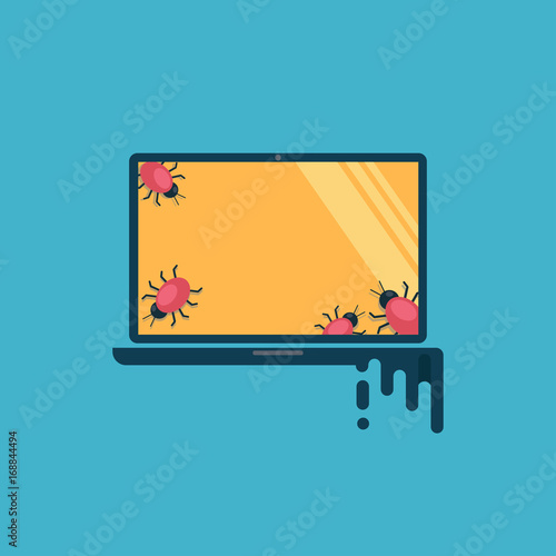 Computer virus. The computer is infected, viruses in the form of bugs captured a laptop. Flat vector illustration