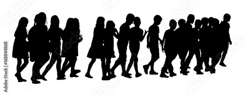 Kids going to school together, vector silhouette illustration. Back to School. Happy boys and girls. School kids excursion vector illustration.