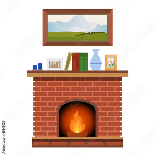 Cozy Interior with a fireplace with fire and a picture on the wall