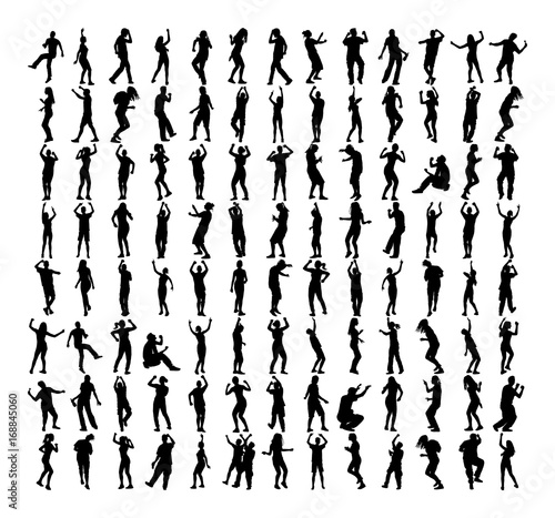 Big group of Modern style dancers vector silhouette illustration isolated on white. Sexy hip hop lady. Gangsta rap. Set of Dancer people, girls and boys. Nightlife party concept. Disco club event.