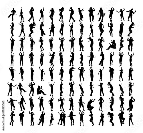Big group of Modern style dancers vector silhouette illustration isolated on white. Sexy hip hop lady. Gangsta rap. Set of Dancer people, girls and boys. Nightlife party concept. Disco club event.