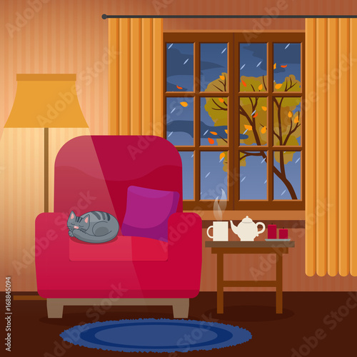 Evening cozy interior of living room, rain outside the window, cat sleeping on armchair. Flat style, design template