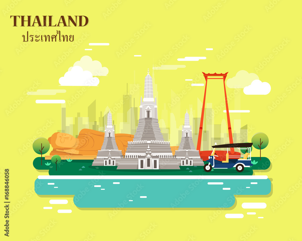 Naklejka premium Thailand places and landmarks for traveling illustration on yellow background.vector