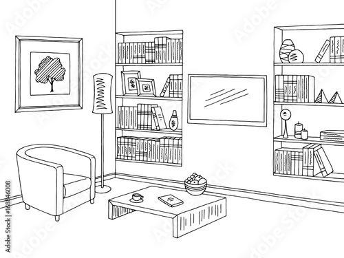 Living room graphic black white interior sketch illustration vector