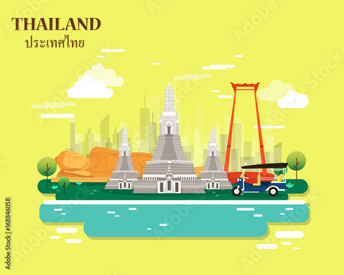 Thailand places and landmarks for traveling illustration on yellow background.vector