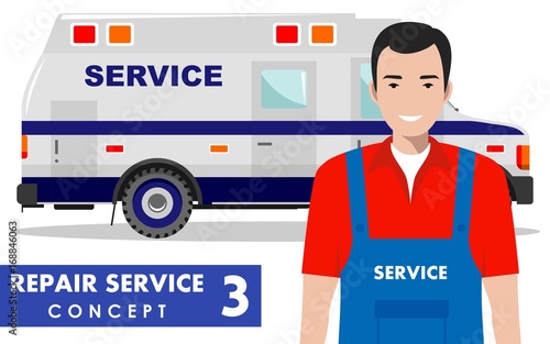 Repair service concept. Detailed illustration of service machine and master repairer on white background in flat style. Vector illustration.