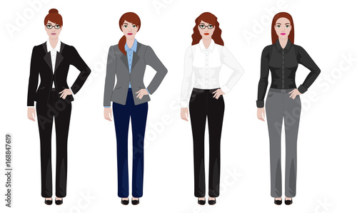 Young woman in different office outfit, businesswoman look, vector illustration set