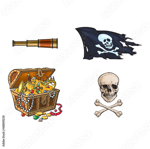 vector cartoon pirates symbols set isolated iilustration on a white background. Skull and cross bones jolly roger flag, treasure chest full of gold, spyglass sail telescope