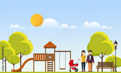 Happy Big Family in The Park Flat Style Vector Illustration Eps10