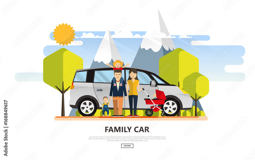 Happy Family With Family Car in Outdoor Park. Vector Illustration. Happy Family With Family Car in Outdoor Park. Vector Illustration.