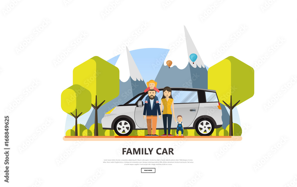 Happy Family With Family Car in Outdoor Park. Vector Illustration. Happy Family With Family Car in Outdoor Park. Vector Illustration.